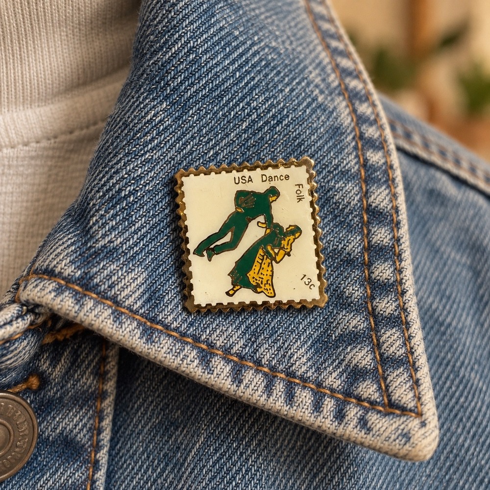 Vintage USA Dance Folk 13c Stamp Enamel Pin JG&A USPS Licensed Gold Tone